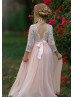 Ivory Lace Blush Pink Tulle V Back Wedding Flower Girl Dress